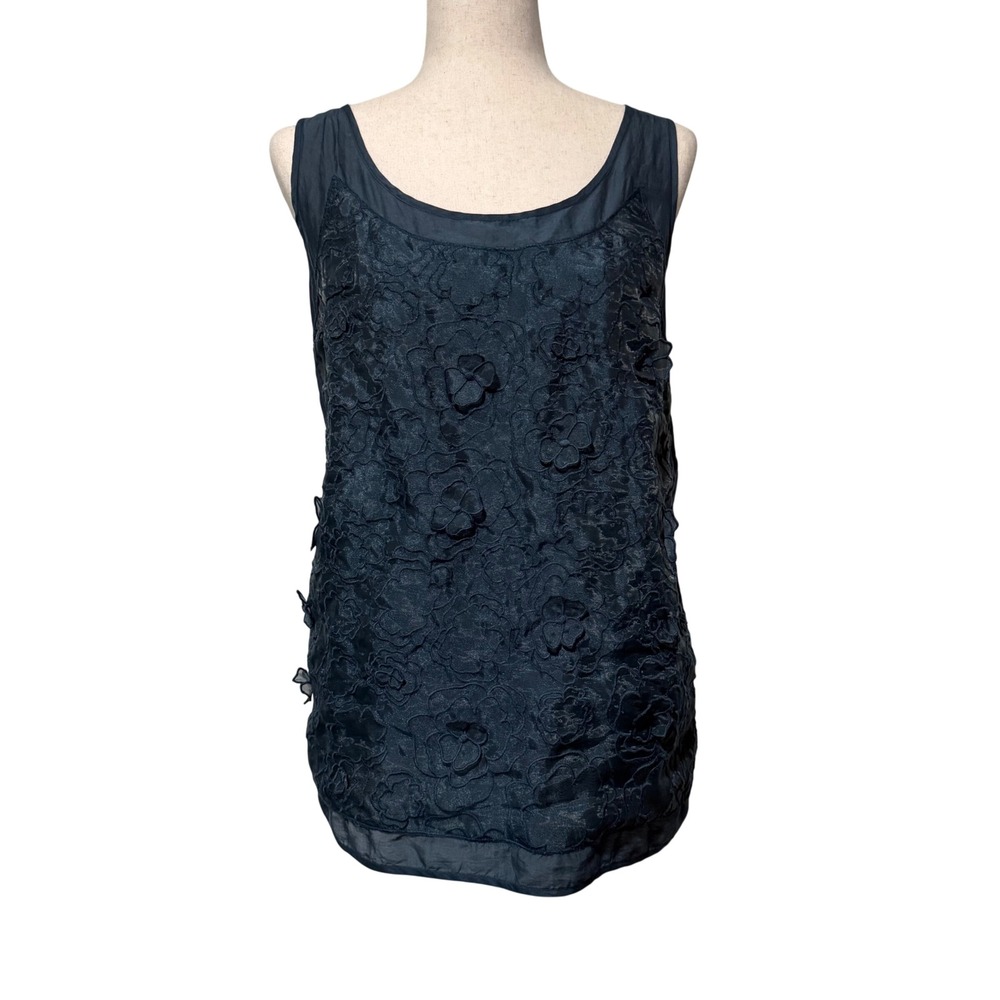 Gap Women Navy Blue Cotton Silk Blend 3D Floral Applique Tank Top Large Romantic